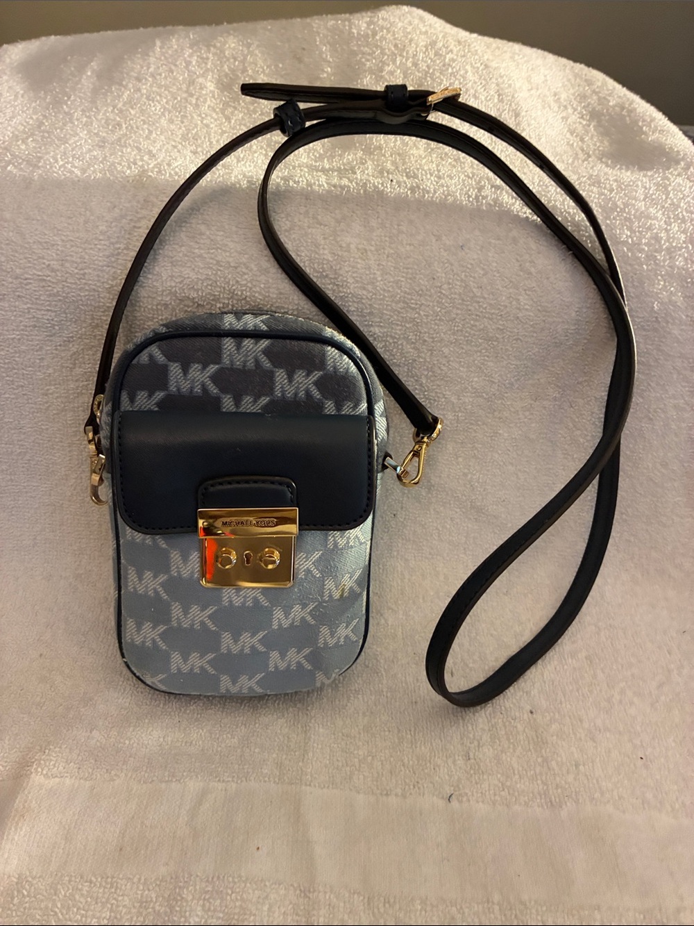 Michael Kors Two-tone Blue MK Monogram Crossbody Phone Pouch with Gold Hardware